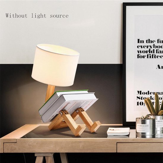 TDR - LED bureaulamp met boekenhouder - Scandinavisch design - Witte stoffen kap - Houten mannetje met verstelbare gewrichten - Zonder lichtbron — afbeelding 5