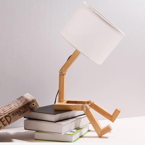 TDR - LED bureaulamp met boekenhouder - Scandinavisch design - Witte stoffen kap - Houten mannetje met verstelbare gewrichten - Zonder lichtbron — afbeelding 4