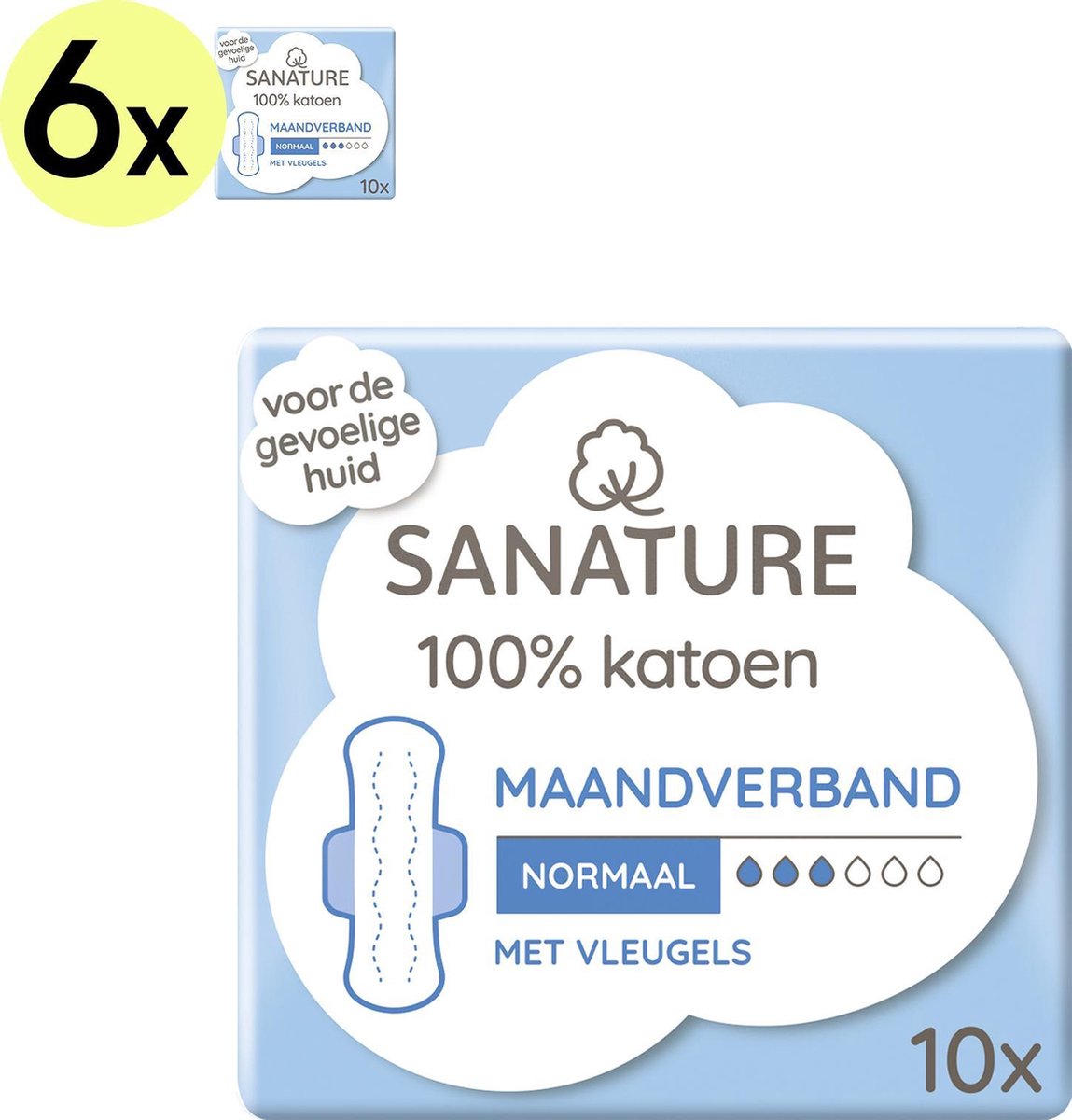 Sanature 100% Katoenen Maandverband Normaal met vleugels 6 x 10 stuks