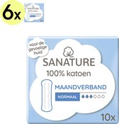 Sanature 100% Katoenen Maandverband - Normaal zonder vleugels - 6 x 10 stuks - Natuurlijk & geschikt voor de gevoelige huid