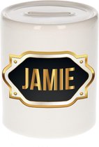Jamie naam cadeau spaarpot met gouden embleem - kado verjaardag/ vaderdag/ pensioen/ geslaagd/ bedankt