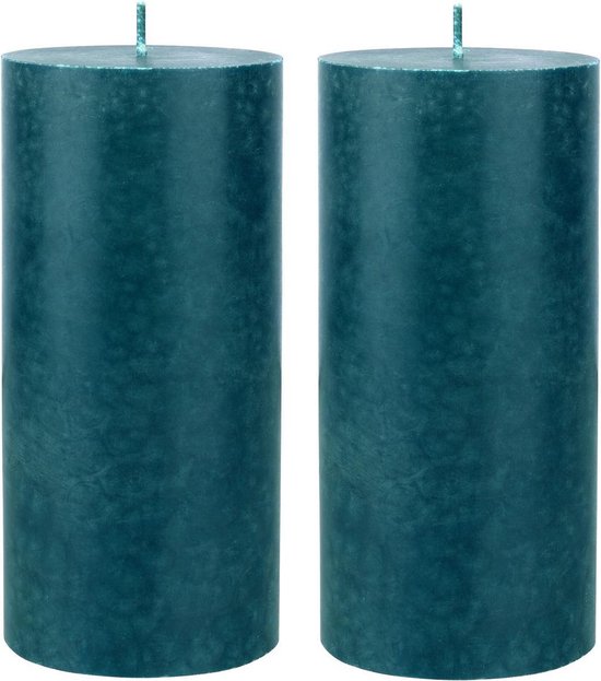 2x stuks petrol blauwe cilinderkaarsen/stompkaarsen 15 x 7 cm 50 branduren - geurloze kaarsen blauw