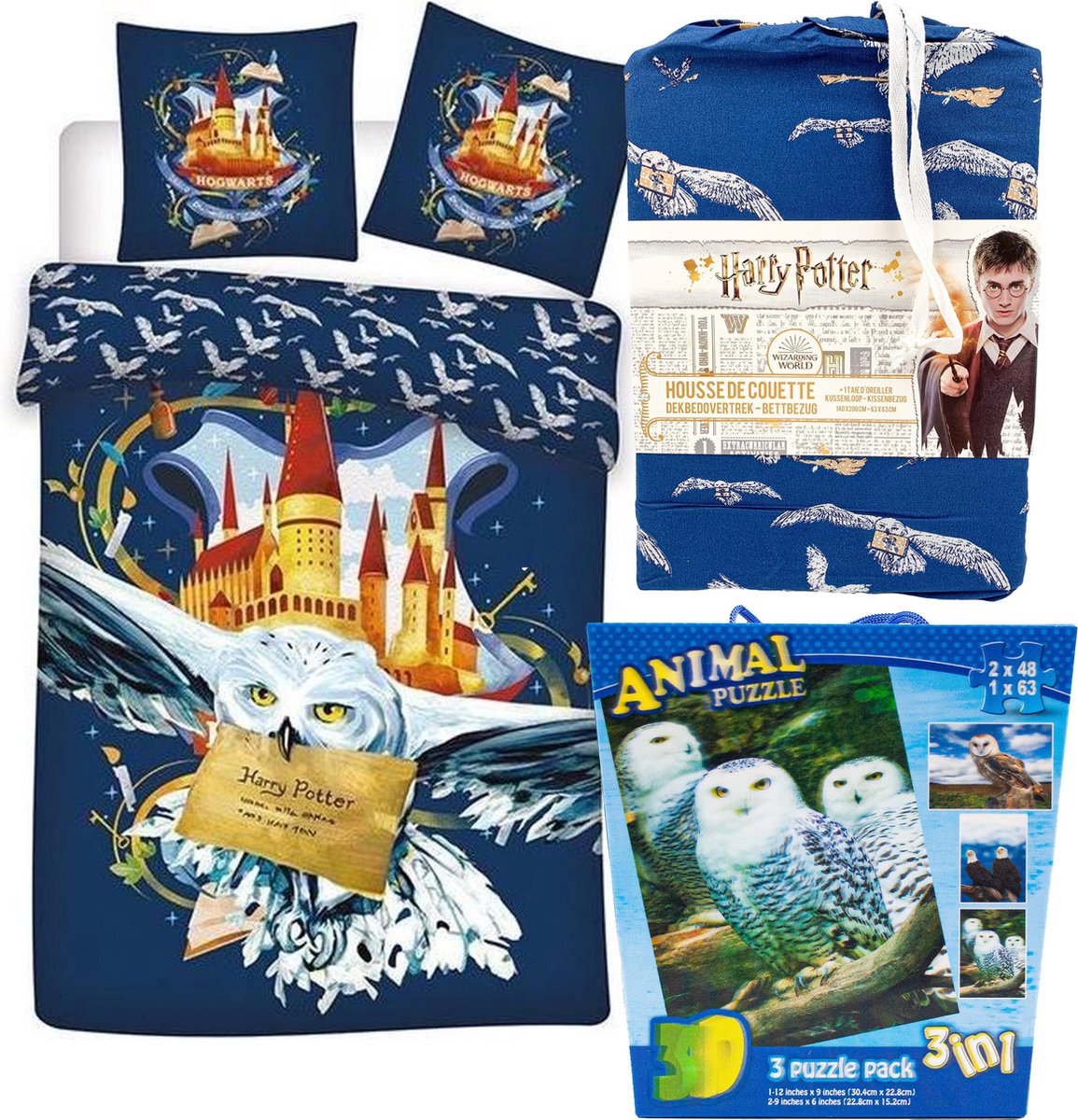 Harry Potter Hedwig Dekbedovertrek - Eenpersoons - 140 x 200 cm - Polyester, incl. 3D Puzzle Uilen 3in1