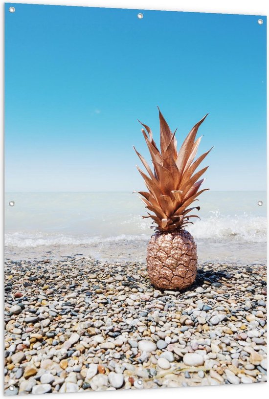 Tuinposter – Gouden Ananas bij Zee - 100x150cm Foto op Tuinposter  (wanddecoratie voor buiten en binnen)