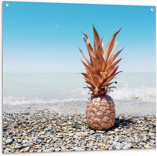 Tuinposter – Gouden Ananas bij Zee - 100x100cm Foto op Tuinposter  (wanddecoratie voor buiten en binnen)