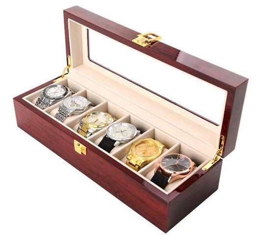 Horlogedoos | Luxe Houten Horloge Box | Geschikt voor Horloges en Sieraden | 6 Compartimenten met 6 Kussentjes | Hout