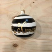 Doosje van 6 - Zwart Wit Gestreepte Kerstballen van 8 cm met gouden tekst: Xmass - Joy - Love - van glas