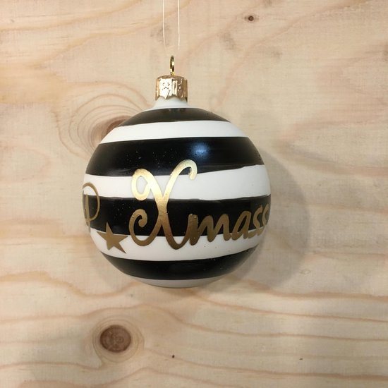 Doosje van 6 - Zwart Wit Gestreepte Kerstballen van 8 cm met gouden tekst: Xmass - Joy... bol.com