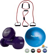 Tunturi - Fitness Set - Vinyl Dumbbell 2 x 1 kg - Gymball Blauw 90 cm - Tubing Set Rood