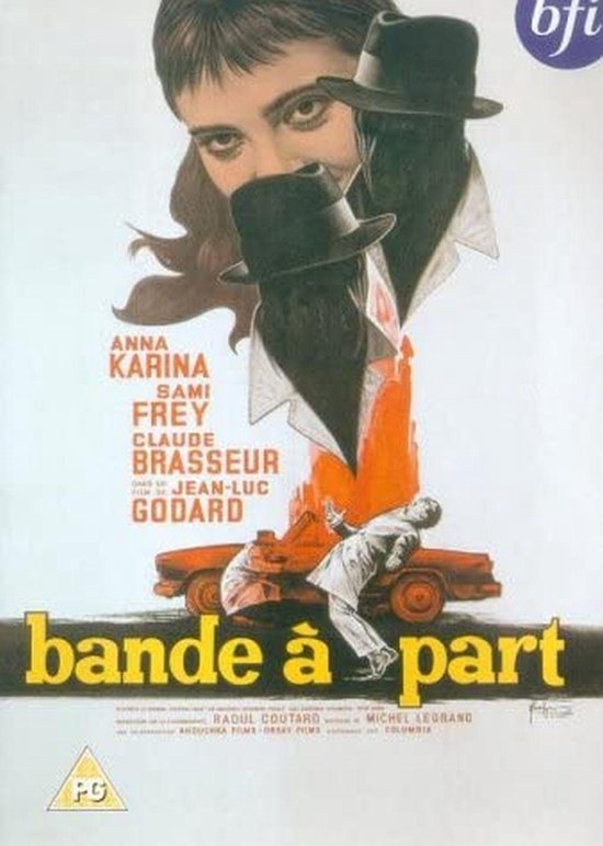 Filmhoes Bande à part, met Anna Karina en Sami Frey. Een auto met twee mannen, een op de motorkap. Rode en oranje tinten.