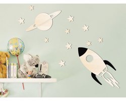 HOUTEN WANDDECORATIE / WOODEN WALL DECORATION - MUURDECORATIE VOOR KINDERKAMER / WALL ART FOR KIDS ROOM - KOSMOS / COSMOS - 96 x 66cm - LICHT HOUT / NATURAL WOOD - WANDFIGUUR - BABYKAMER - ASTRONAUT - RUIMTE / SPACE - WETENSCHAP / SCIENCE