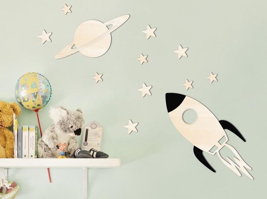 HOUTEN WANDDECORATIE / WOODEN WALL DECORATION - MUURDECORATIE VOOR KINDERKAMER / WALL ART FOR KIDS ROOM - KOSMOS / COSMOS - 96 x 66cm - LICHT HOUT / NATURAL WOOD - WANDFIGUUR - BABYKAMER - ASTRONAUT - RUIMTE / SPACE - WETENSCHAP / SCIENCE