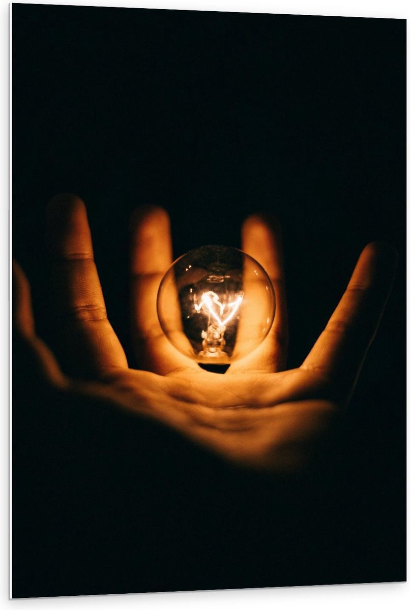 KuijsFotoprint - Schilderij - Lichtgevende Gloeilamp In Handen Met Zwarte Achtergrond - Zw