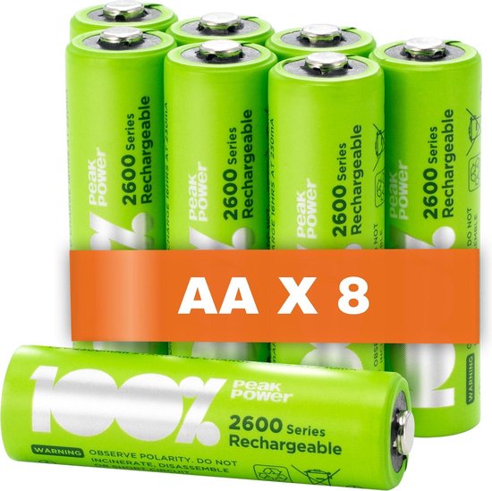 5. 100% Peak Power oplaadbare batterijen AA - Duurzame Keuze - NiMH AA batterij mignon 2300 mAh - 8 stuks