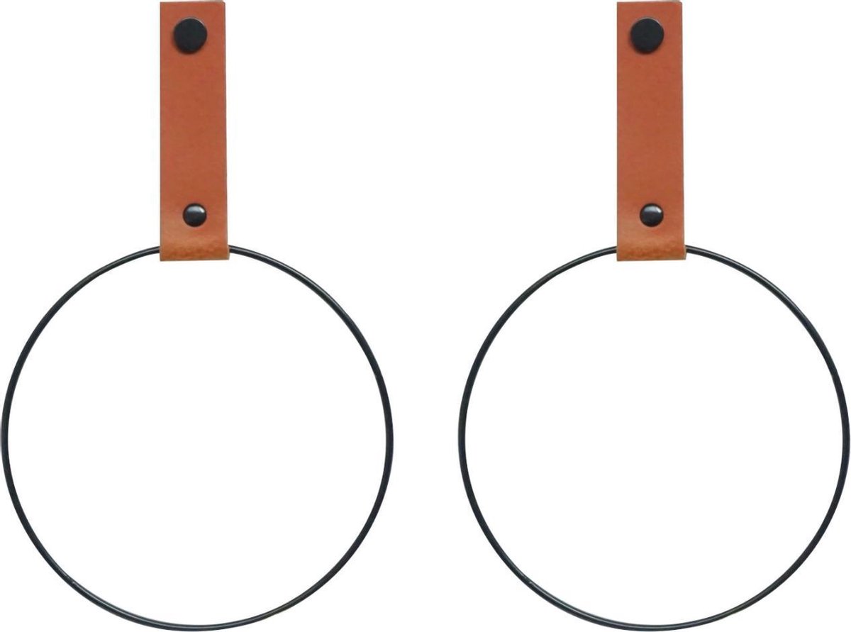 SETPRIJS! 2x Leren Handdoekring | COGNAC - maat M (handdoekhanger - handdoekhaakje)