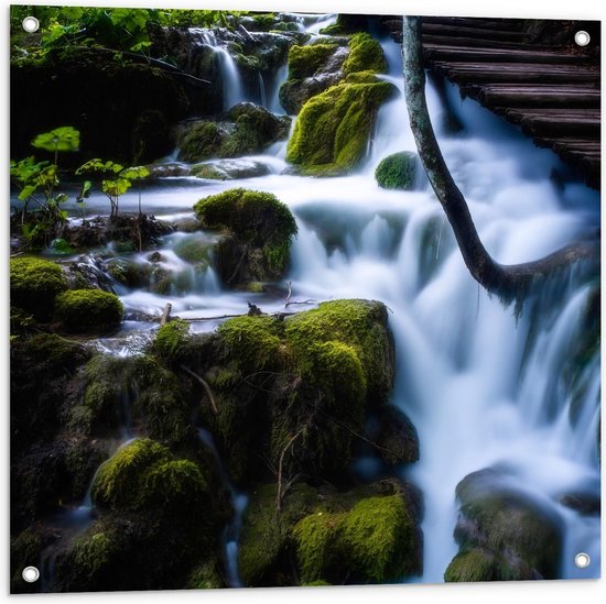 Tuinposter – Watervallen met een Brug - 80x80cm Foto op Tuinposter  (wanddecoratie voor buiten en binnen)