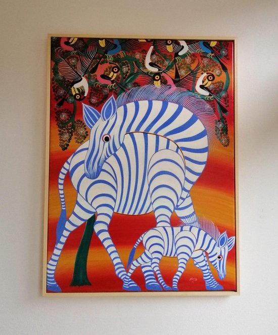 Wanddecoratie - Woonkamer - Mommy and Mini Zebra - Schilderij - Handgeschilderd - in houten baklijst - 75x55cm - Tanzania - dieren
