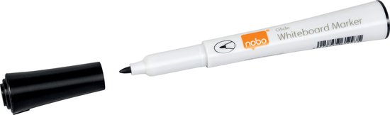 Witte whiteboardmarker met de dop eraf, met het Nobo logo en "Glide Whiteboard Marker" erop.