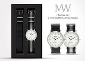 Horlogeset Meyewatch Flat Style Silver incl. 2 canvas banden. zwart + zwart-grijs