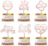 Fissaly 6 Stuks Rosé Gouden Happy Birthday Taarttopper & Caketopper Set – Taartversiering – Decoratie Topper