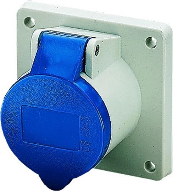 Witte opbouwdoos met blauwe klep en 3-polige stekker, merk MENNEKES