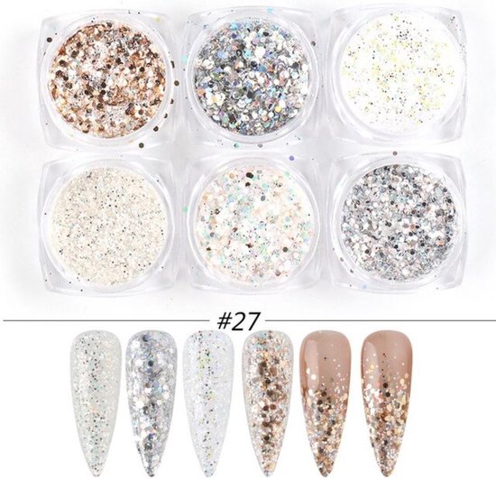 Set Nail Art Poudre Glitter - 6 Pièces - Nacre / Argent / Bronze - Décoration Ongles Strass