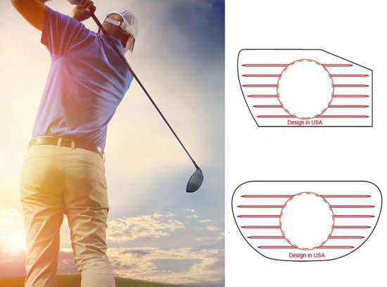 Golfer slaat bal, met bijschrift van twee golfclubbladen met cirkelvormig patroon en 'Design in USA'.