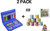 2 PACK!!!Blauw Mini Tekenset 25-delig (Tekenen-Kleurpotloden-Viltstiften-Pastel)+ Mini Stickerset (1000 Mini Stickers)