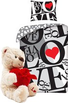 Rood Hart dekbedovertrek set 140 x 200 cm - Love dekbed - Valentijnsdag , incl. lieve knuffelbeer knuffel 20 cm wit