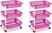 2x stuks opberg trolley/roltafel/organizer met 3 manden 40 x 30 x 61,5 cm wit/roze- Etagewagentje/karretje met opbergkratten