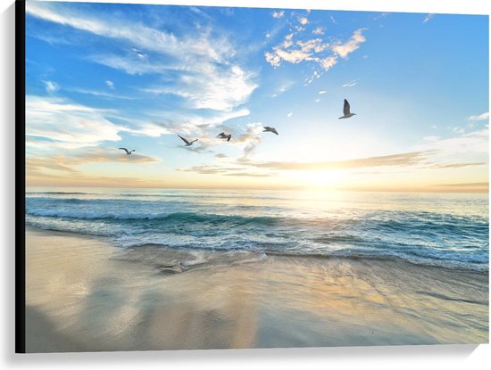 Canvas  - Blauwe Zee met Zon en Vogels - 100x75cm Foto op Canvas Schilderij (Wanddecoratie op Canvas)