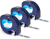 Telano - 3 stuks Plastic Labels 91201 voor Dymo LetraTag Labelprinter - Zwart op Wit - 12 mm x 4 m - Labeltape S0721610