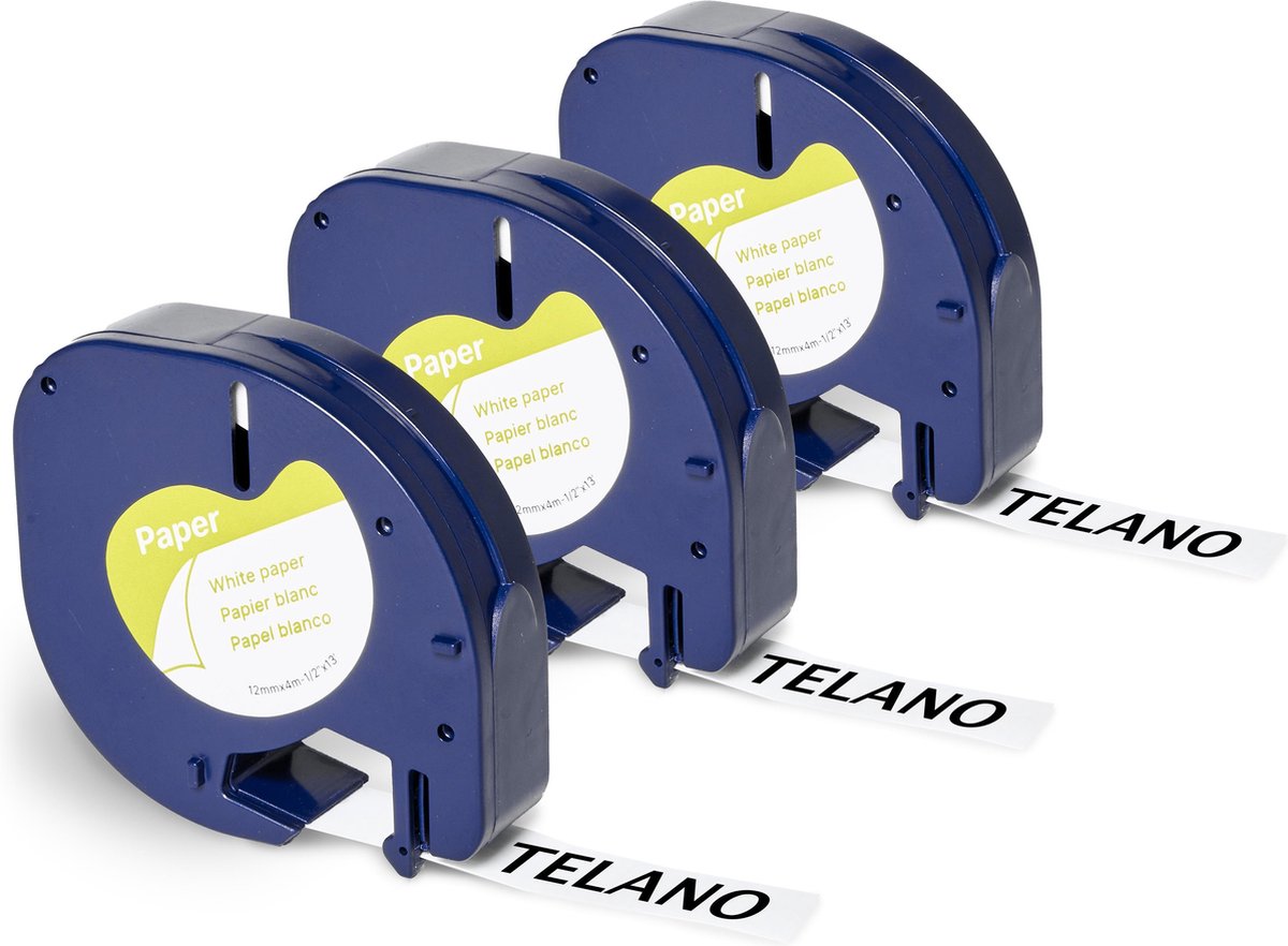 TELANO® 3 stuks Papieren Labels 91200 voor Dymo LetraTag Labelprinter - Zwart op Wit - 12 mm x 4 m - S0721510 Labeltape