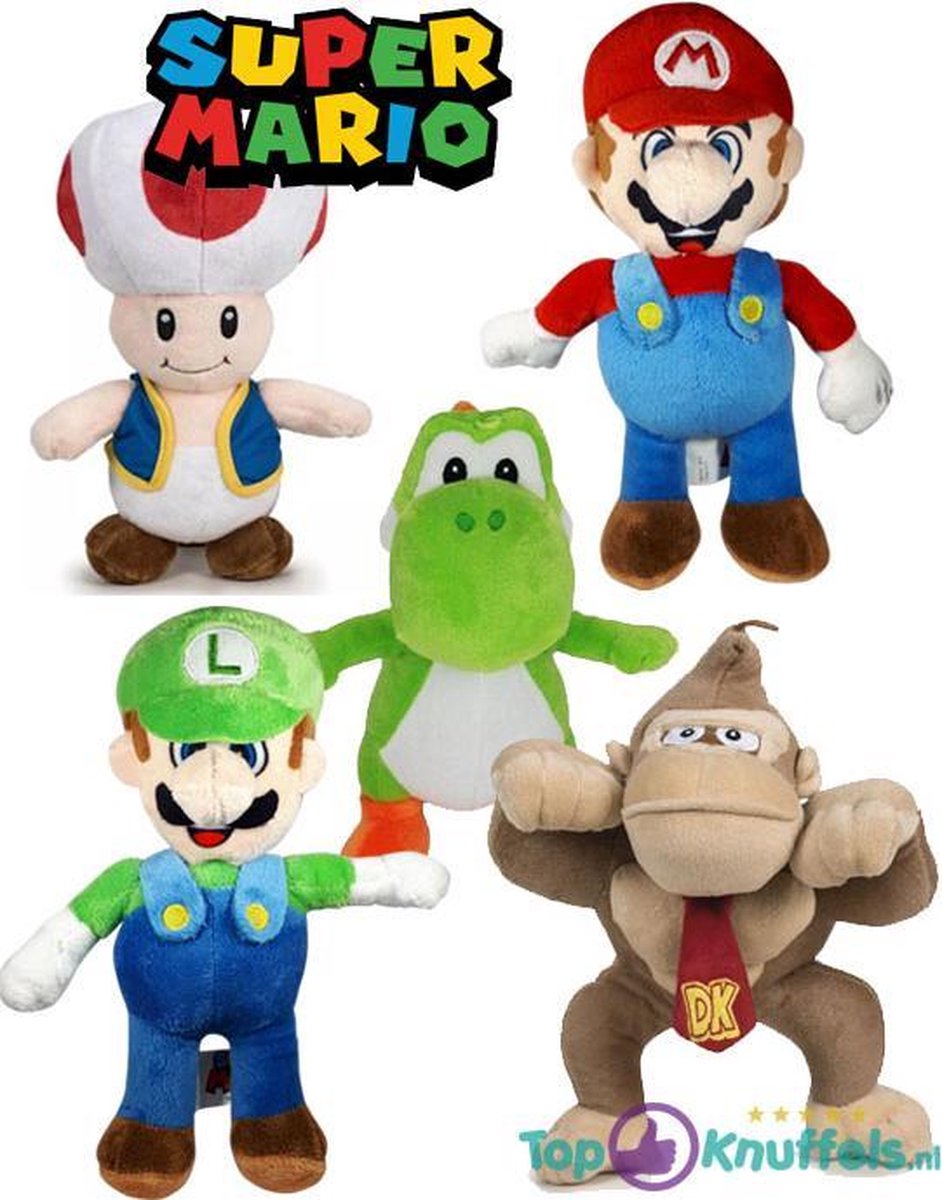 Super Mario Pluche Knuffel Set: Mario + Luigi + Toad + Yoshi + Donkey Kong 22 cm | bol.com