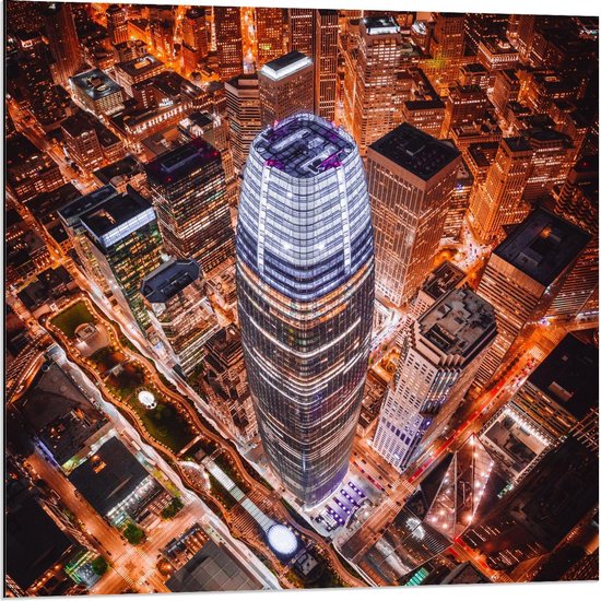 Dibond - Salesforce Tower Verlichting - San Francisco - 80x80cm Foto op Aluminium (Met Ophangsysteem)