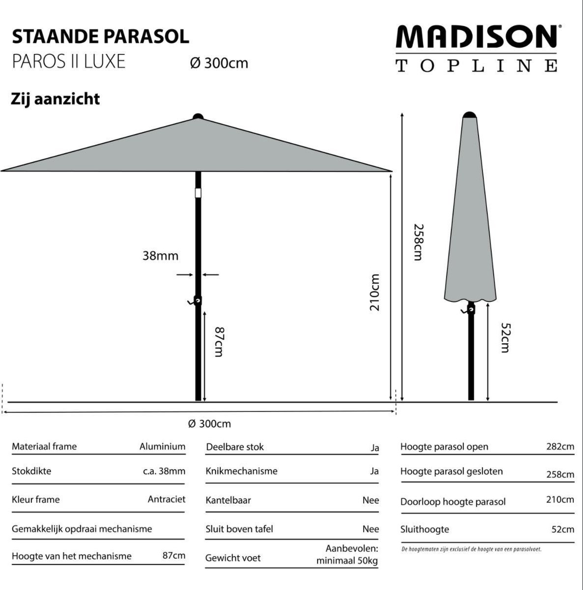 Parasol rond ecru met voet en hoes! Madison Paros 300 cm | Topkwaliteit kantelbare en ronde parasol – foto 2