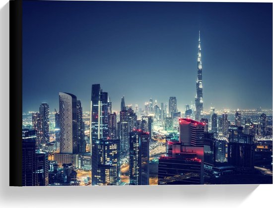 Canvas  - Burj Khalifa in de Nacht - Dubai - 40x30cm Foto op Canvas Schilderij (Wanddecoratie op Canvas)