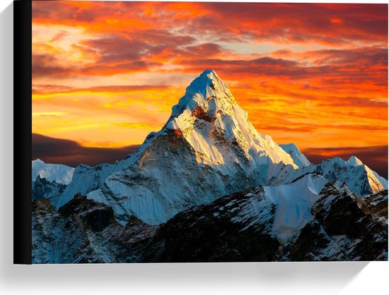 Canvas  - Besneeuwde Bergtop met Zonnetje - 40x30cm Foto op Canvas Schilderij (Wanddecoratie op Canvas)