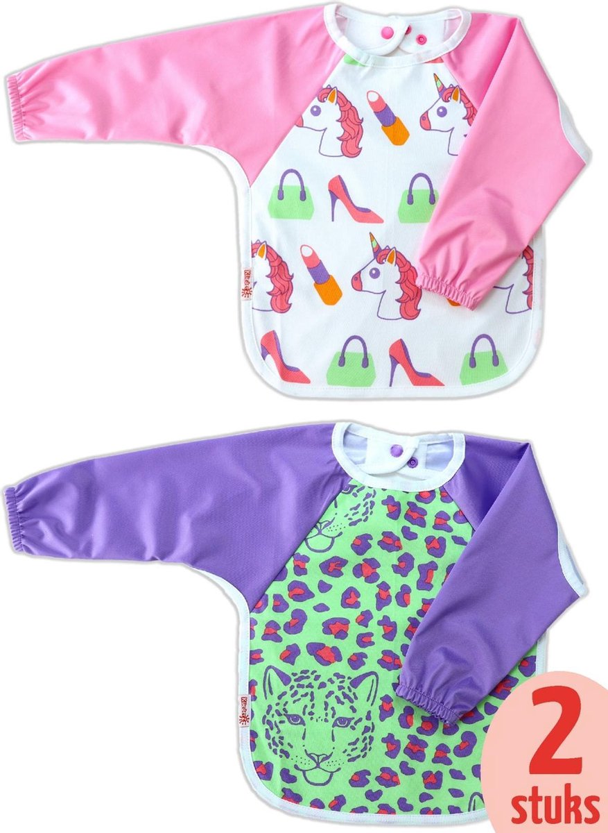 Goedkoopste KliederZ slab met mouwen set 2 stuks | Unicorn & Luipaard mouwslab baby | Meisjes 8 - 24 mnd LB11