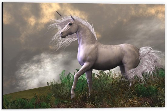 Dibond - Witte Unicorn op Berg - 60x40cm Foto op Aluminium (Wanddecoratie van metaal)