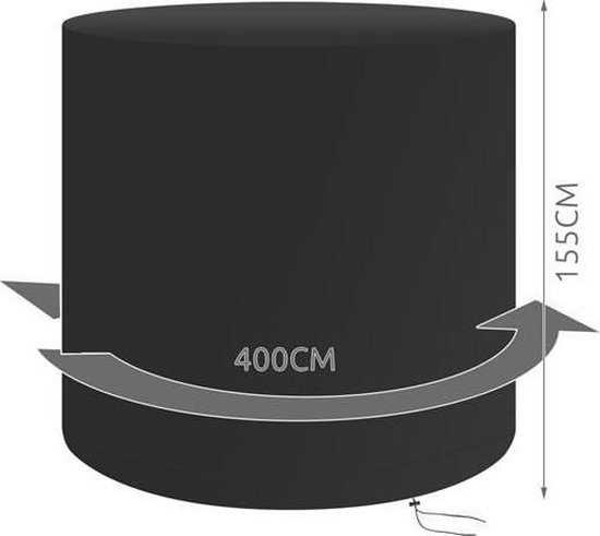 Afmetingen van een ronde zwarte beschermhoes: 400cm breed, 155cm hoog.
