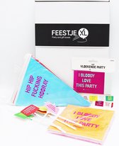 FeestjeXL cadeau Box - Party en Feest - Verjaardag cadeau doos voor vrouwen en mannen - Feestje, vloekende party servetten - vloekende party slingers - vloekende party rietjes - vl