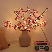 Kunst orchidee lamp - 20 led lampjes - 73 cm hoog - 1 grote tak met 5 vertakkingen - 20 roze bloemen - Werkt op batterijen