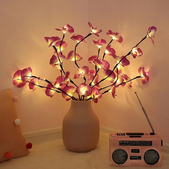 Kunst orchidee lamp - 20 led lampjes - 73 cm hoog - 1 grote tak met 5 vertakkingen - 20 roze bloemen - Werkt op batterijen