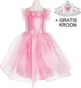 Roze prinsessenjurk verkleedkleedje Lily + gratis prinsessen kroon - maat 98/104 (3-4 jaar) - Jurklengte: 70cm