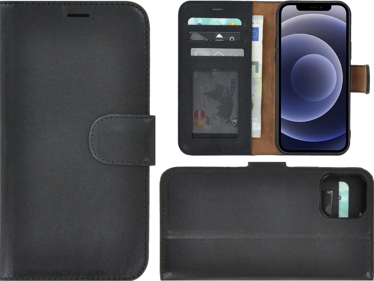 iPhone 12 hoesje - Bookcase - Portemonnee Hoes Echt leer Wallet case Zwart