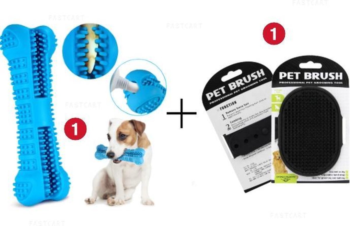 Honden Verzorgingsset - Honden Tandenborstel (Blauw) en Vachtborstel voor Hond (Zwart)