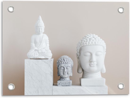 Tuinposter – Verschillende Witte Boeddha Beelden - 40x30cm Foto op Tuinposter  (wanddecoratie voor buiten en binnen)