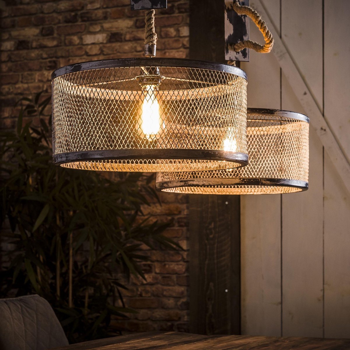 LifestyleFurn Industriële Dubbele Hanglamp 'Judi' met gaas en touw, 2 x 40cm