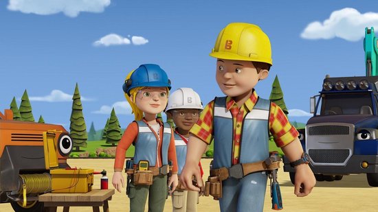 Bob De Bouwer, Wendy en een jongen met helmen, met bouwmachines.